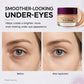 Purple lidded eye cream jar above a graphic with two photos of the under-eye area, labelled before and after
