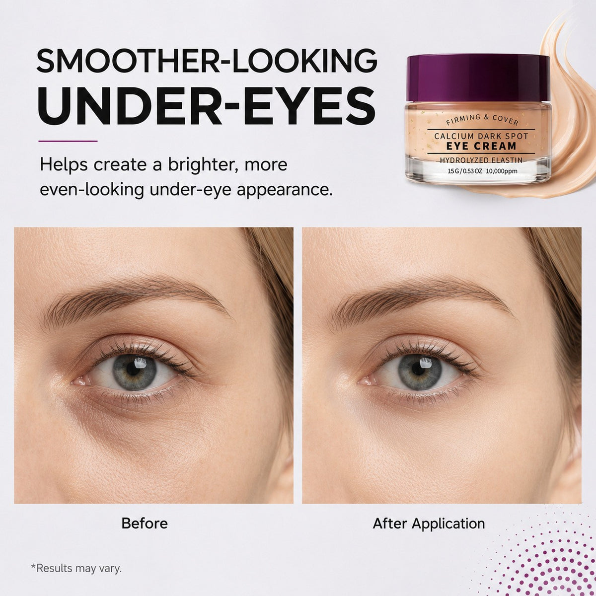 Purple lidded eye cream jar above a graphic with two photos of the under-eye area, labelled before and after