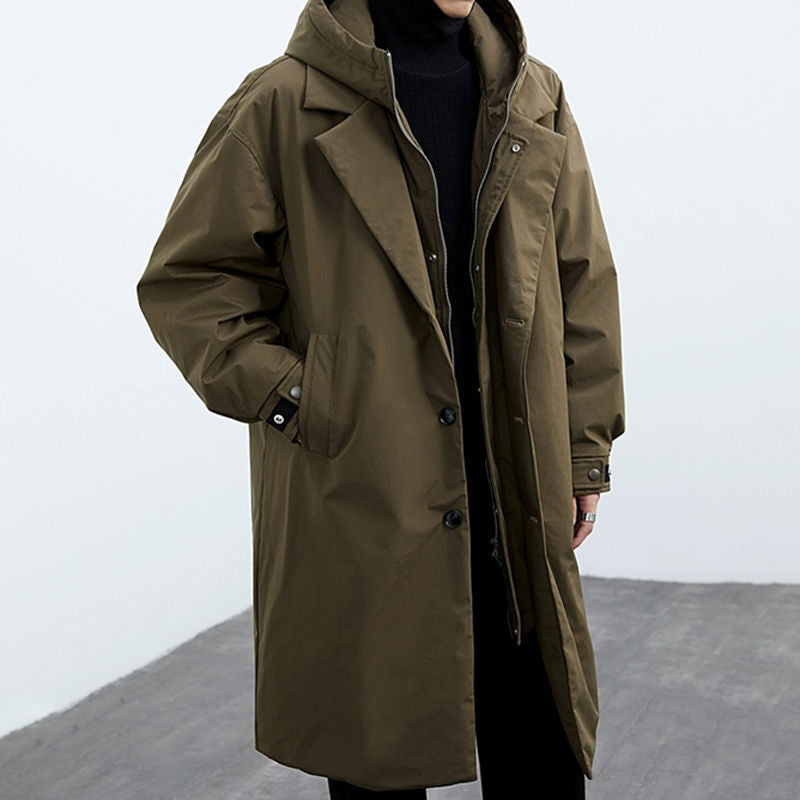 Army green lightweight hooded coat with notch lapels and layered zip hood, option photo for size 5XL