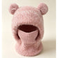 Pink fluffy knit bear ear balaclava hood with a pink ribbed neck tube, Adult Pink variant