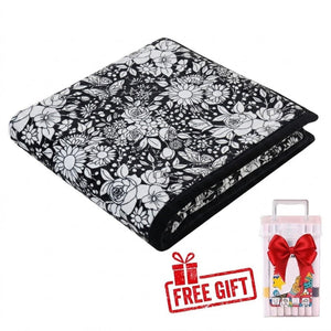Coloring blanket with white floral outlines of roses and daisies on soft black velvet