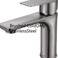 Gunmetal gray single lever faucet, option image labeled Brushed ColdOnly StainlessSteel