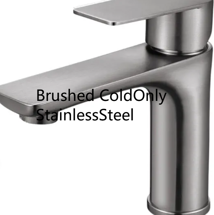 Gunmetal gray single lever faucet, option image labeled Brushed ColdOnly StainlessSteel
