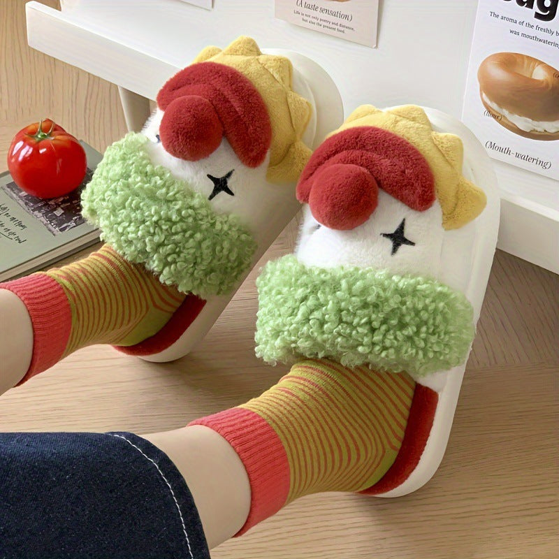 Plush clown slippers with green curly strap and thick white sole worn on a wooden floor beside a book