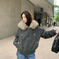 Gray green bomber jacket with vegan fur collar and zip front, Grayish Green option, size L