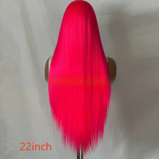 Back view of the 22 inch rose pink straight wig on a mannequin with the length label