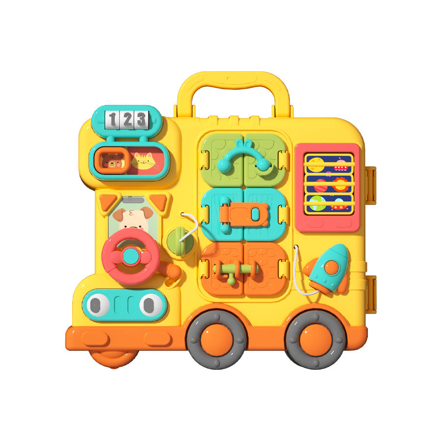 Yellow busy board activity bus on wheels with a carry handle on top