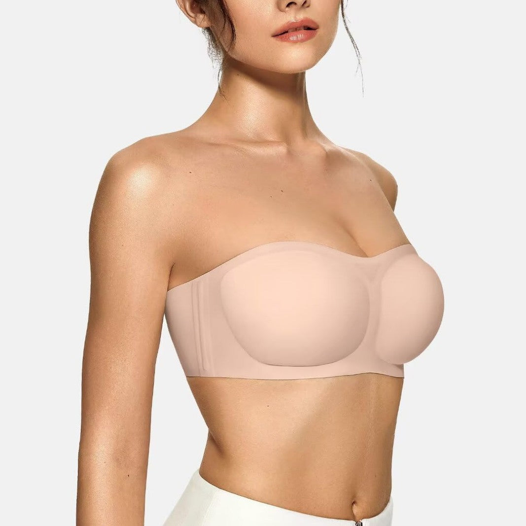 Strapless seamless push-up bra front view showing molded padded cups