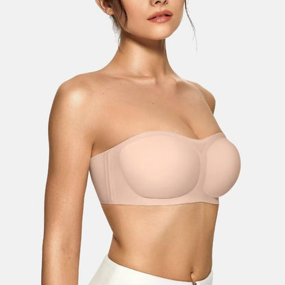 Strapless seamless push-up bra front view showing molded padded cups