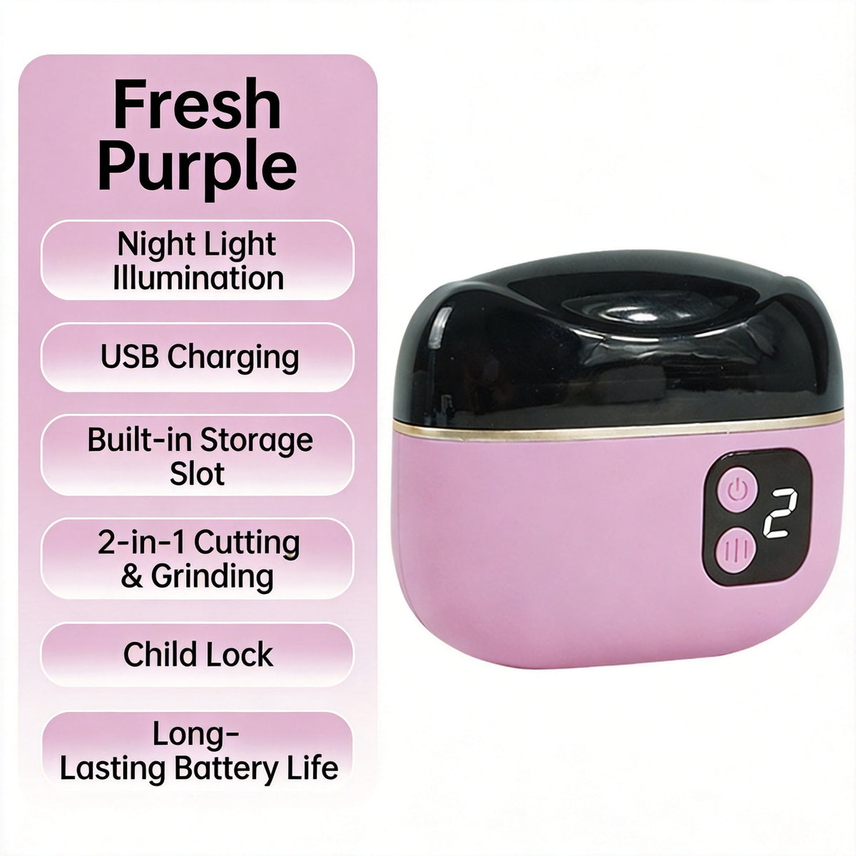 Purple electric nail clipper beside a feature list: night light, USB charging, storage slot, child lock