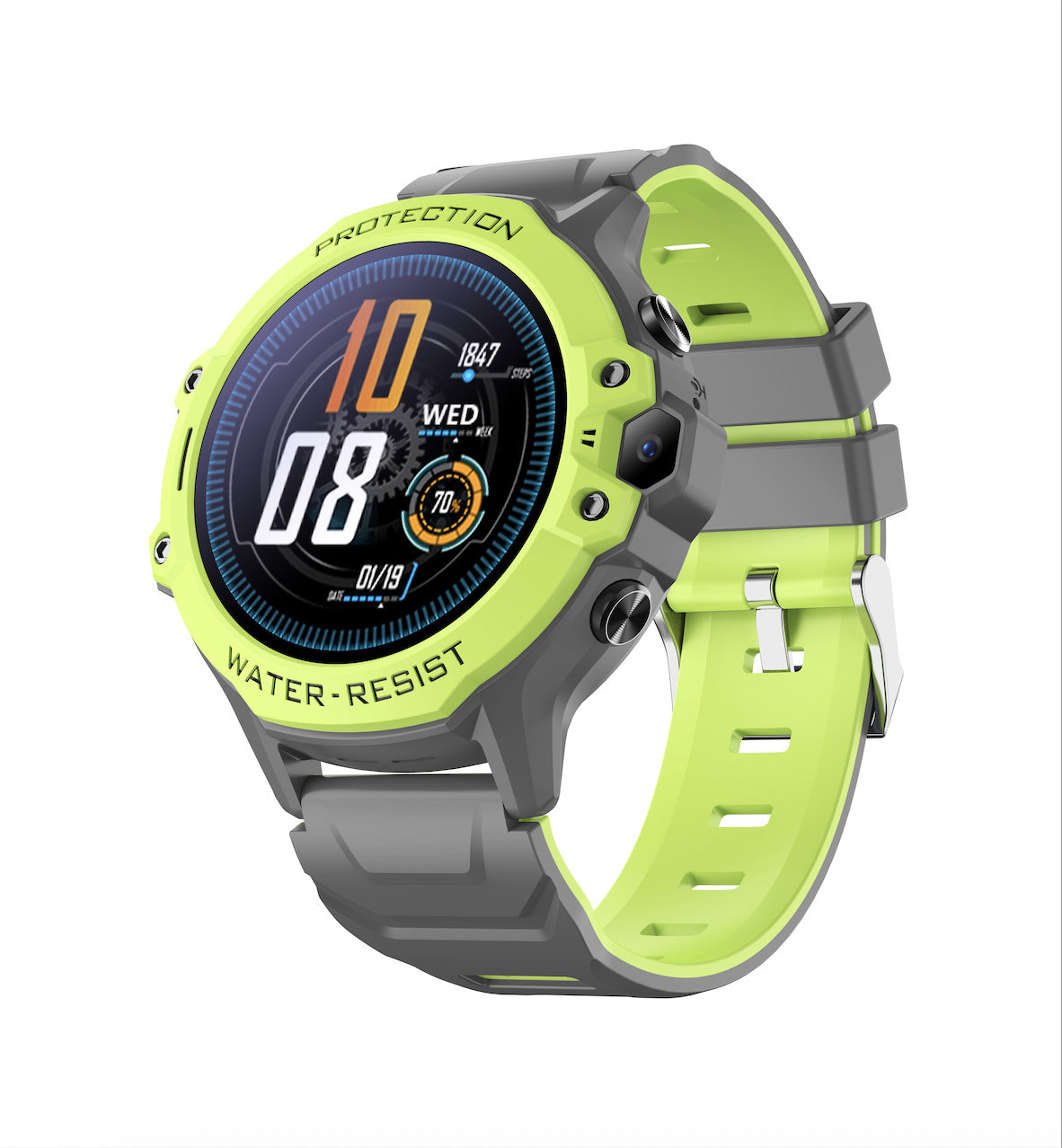 Lime green kids smart watch option photo with a digital watch face and a grey and green wristband