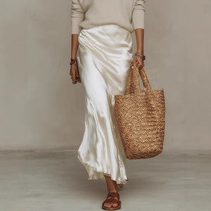 Casual knit top and skirt set front view on model