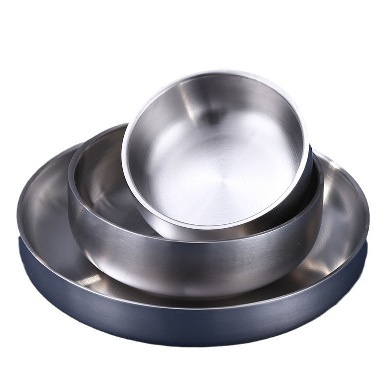 Brushed stainless steel double wall bowl and plate stacked together