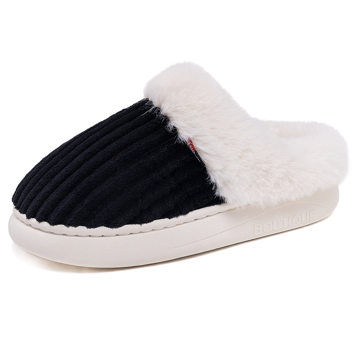 Side view of plush corduroy slipper showing thick EVA sole and fur collar
