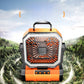 Outdoor camping fan running with a lit LED ring in a mountain setting