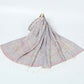 Ivory paisley shawl with a pastel pink and blue border and cream tassels spread on a white background