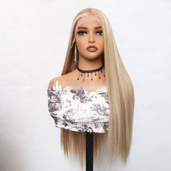 60 cm Long Straight Lace Front Synthetic Wig in Blonde with Platinum Highlights