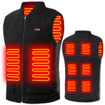 Black sherpa fleece vest with zip front and illustrated red heating panels on the front and back