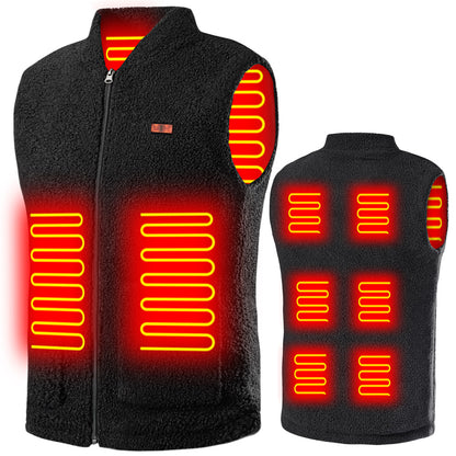 Black sherpa fleece vest with zip front and illustrated red heating panels on the front and back