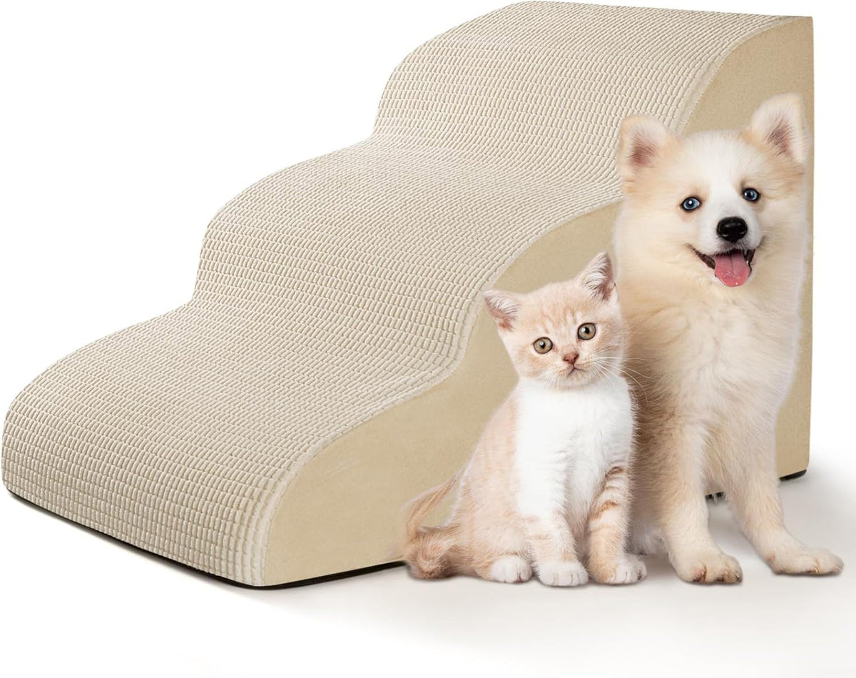 Tiered foam pet steps wrapped in ribbed fabric, a small dog climbing the treads up to a sofa or bed