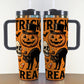 40oz insulated tumbler printed with an orange Trick or Treat Halloween design