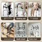 Six use scenes of the walking frame, plain, wheeled, seated, shower board and commode