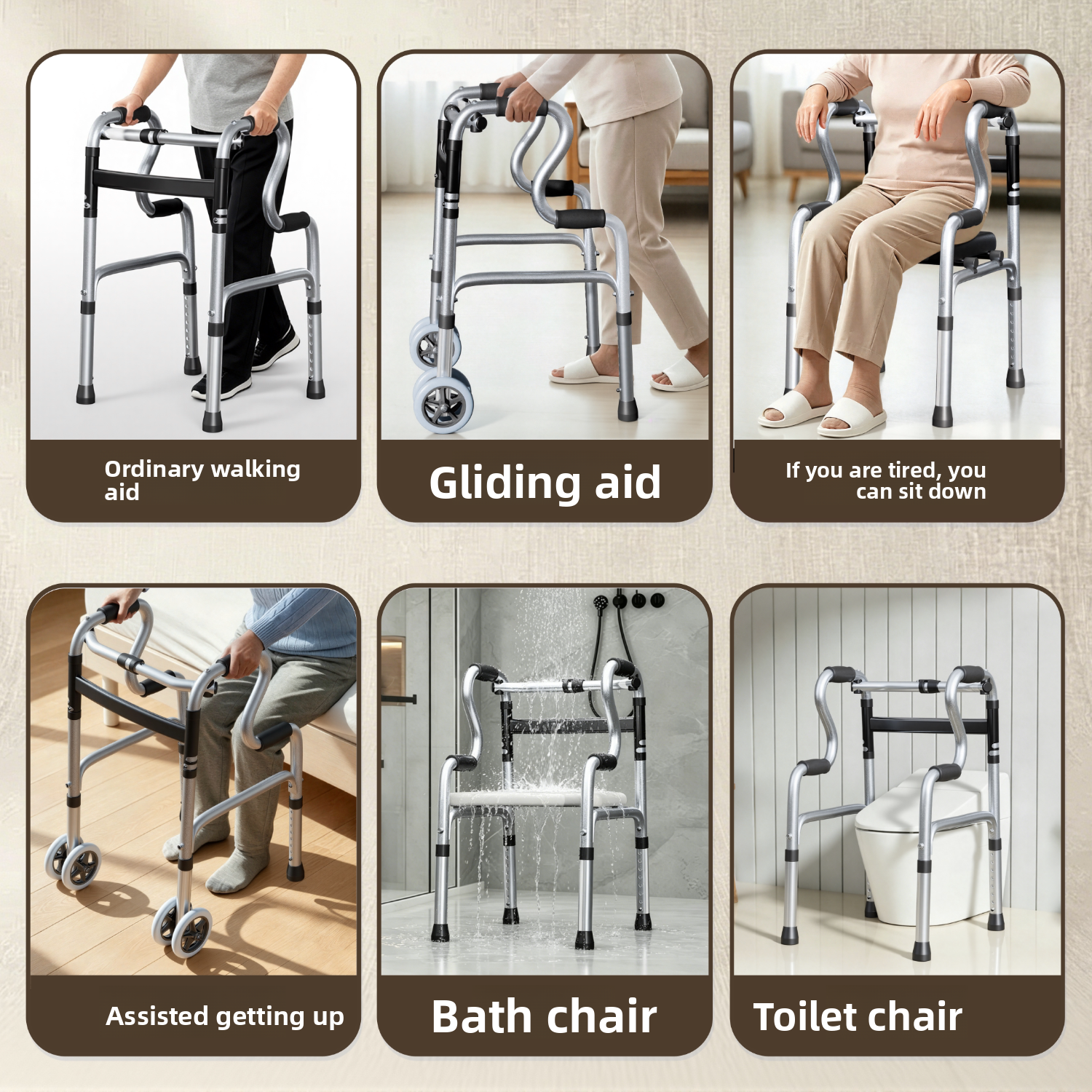 Six use scenes of the walking frame, plain, wheeled, seated, shower board and commode