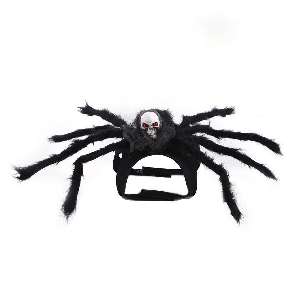 Black plush spider Halloween costume for cats and dogs with a gauze accent skull and eight legs