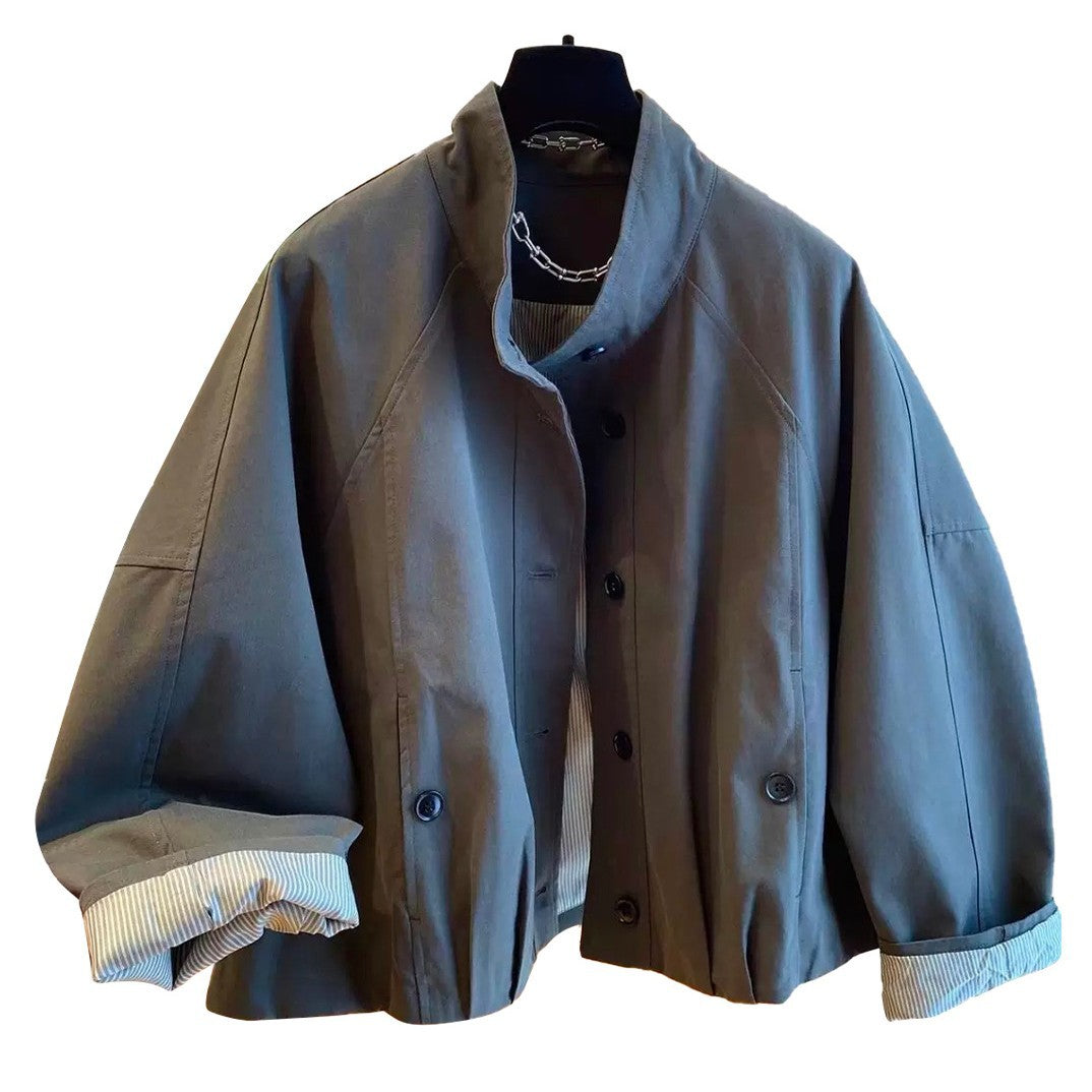 Womens casual button front short jacket in black, stand collar detail