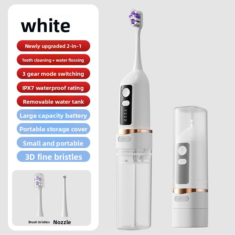 White toothbrush and water flosser with its storage cover, bristle head and nozzle head, White option