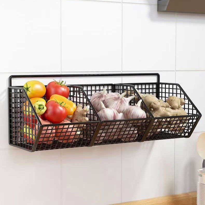 Wall mounted carbon steel wire mesh kitchen storage basket, the adhesive no drill mounting pads on the wall