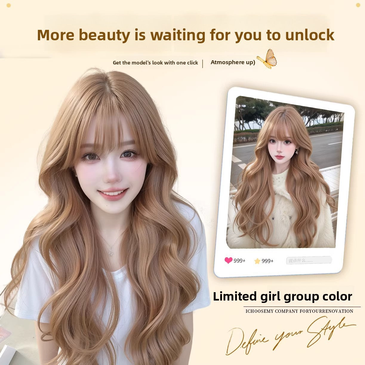 Caramel toned long wavy wig with a soft fringe worn with a white tee, waves falling past the chest