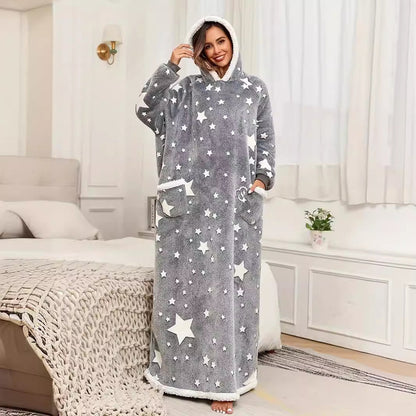 Grey hooded fleece lounge robe with white glow in the dark star print worn full length in a bedroom
