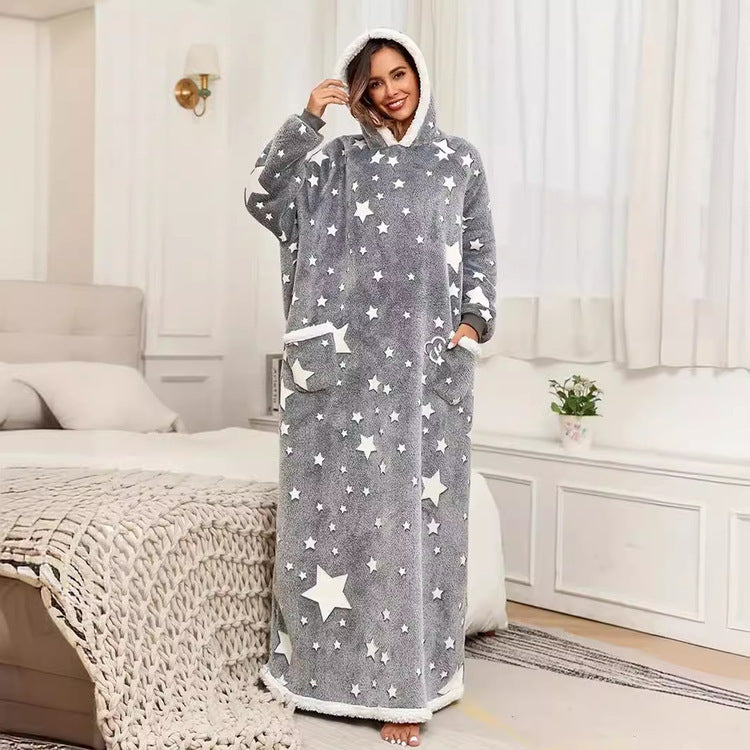 Grey hooded fleece lounge robe with white glow in the dark star print worn full length in a bedroom