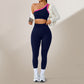 Coffee brown one shoulder yoga set with contrast trim, crop bra and high waist leggings