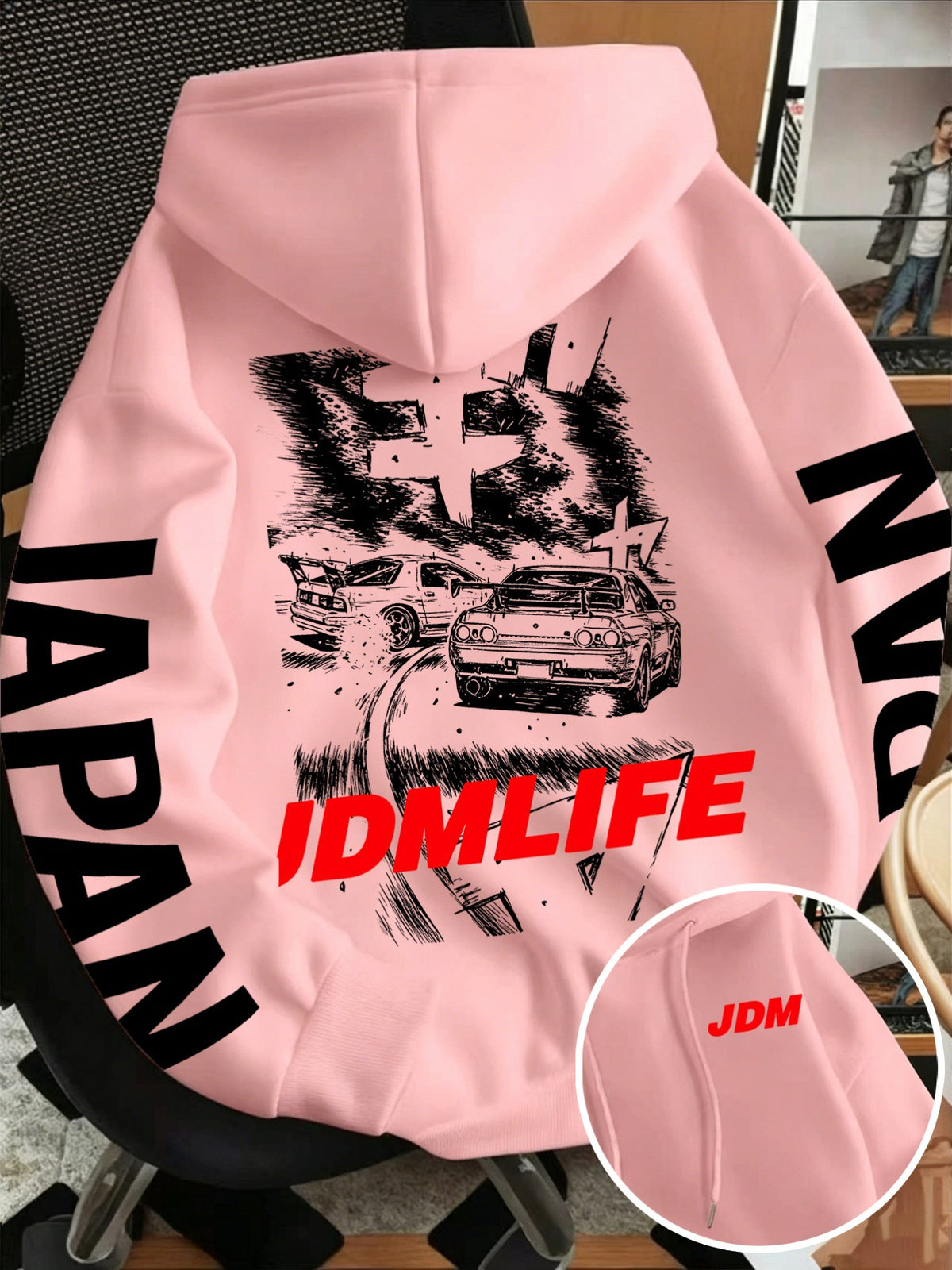 Back view of the JDM drift racing hoodie showing two sports cars and a red JDMLIFE print