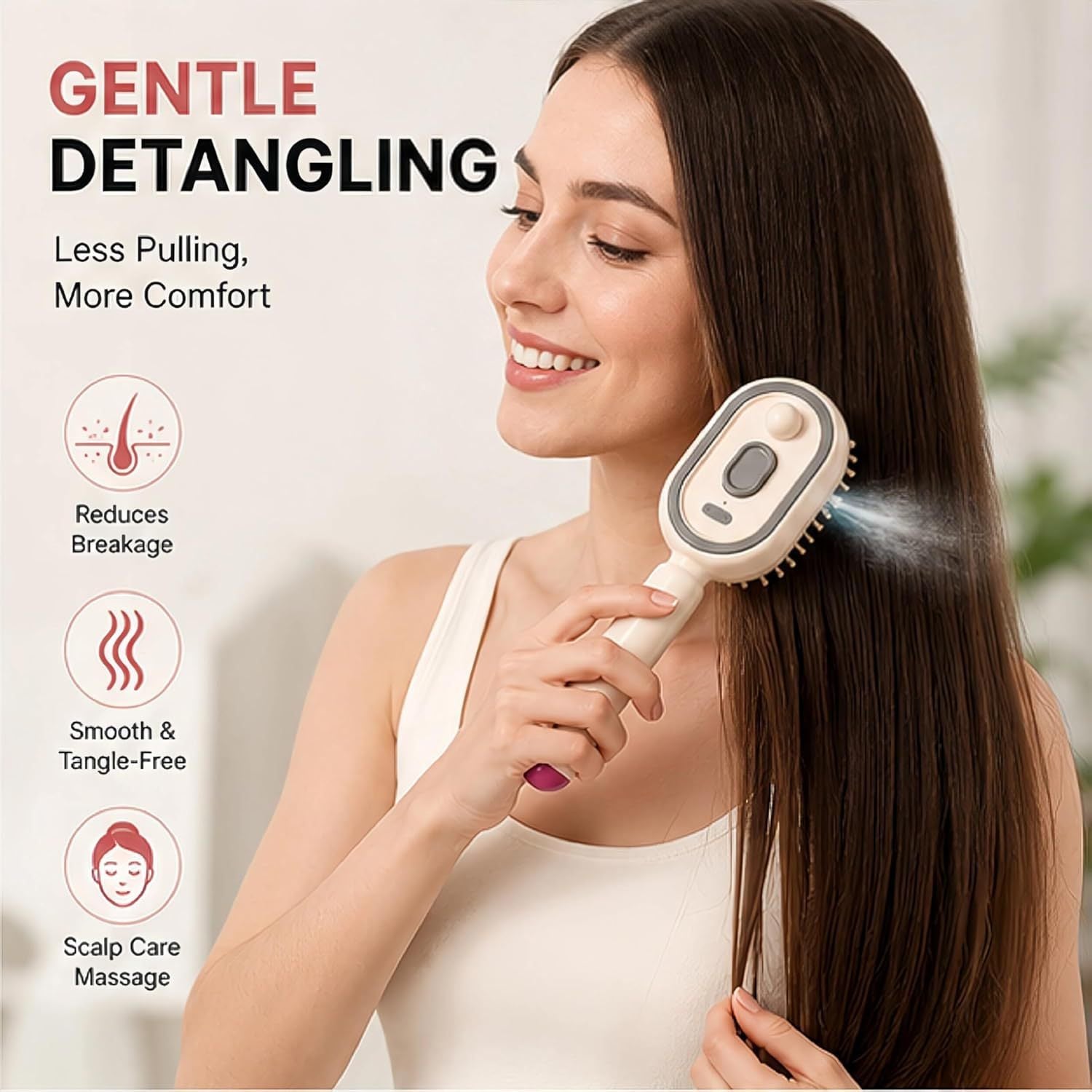 Woman brushing long hair with a cream mist spray massage brush for gentle detangling