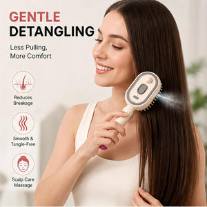 Woman brushing long hair with a cream mist spray massage brush for gentle detangling