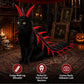 Black cat sitting in a centipede costume with a red antennae hood and red legs beside three Halloween icons