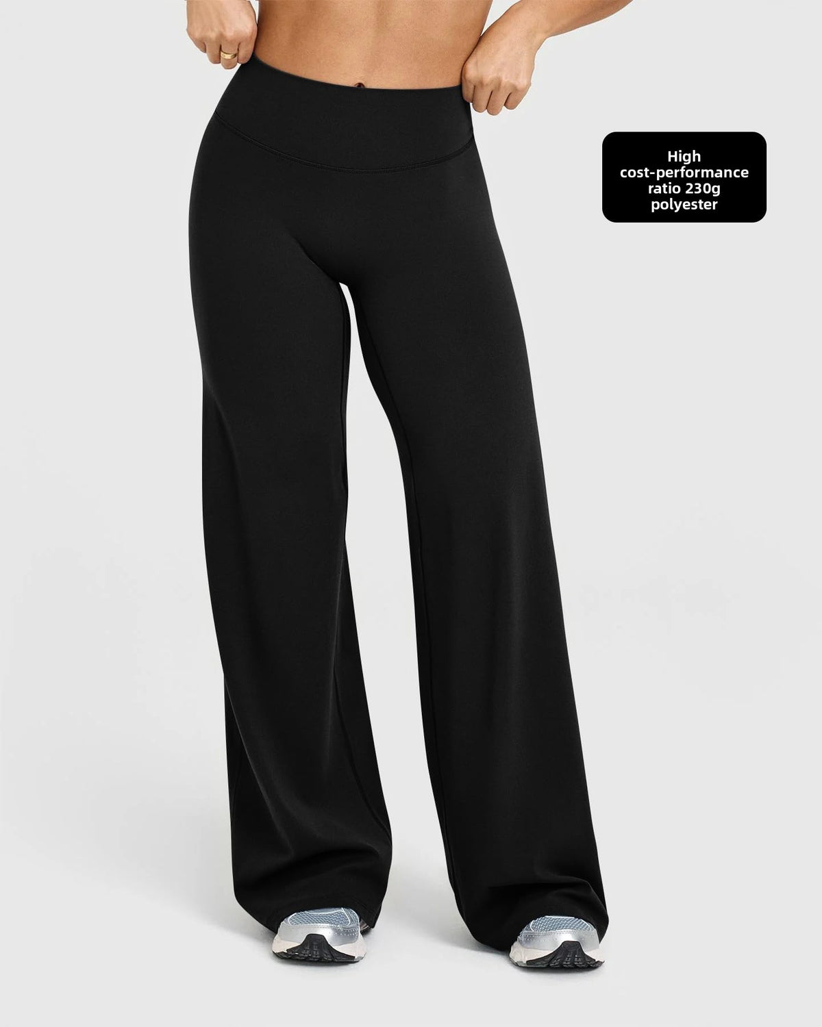 Wide leg stretch pants falling straight and full from the thigh