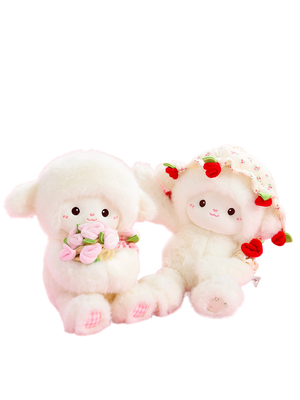 Soft cream lamb plush holding a sewn tulip bouquet, pink gingham paw pads visible