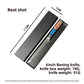 6in Damascus boning knife with blue resin handle lying in its black gift box with size markings