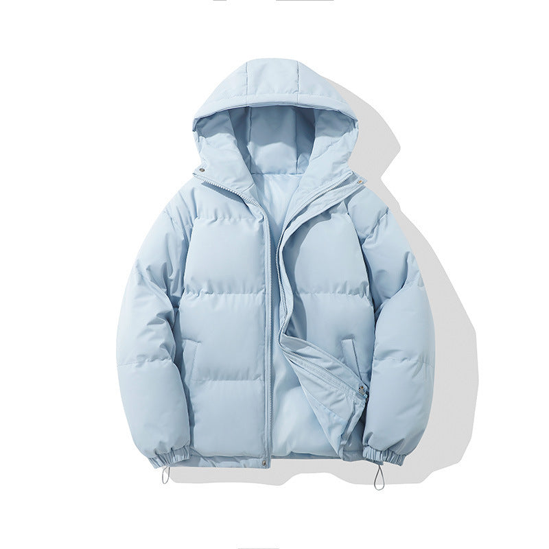 Hooded padded puffer jacket in blue, zip and placket detail