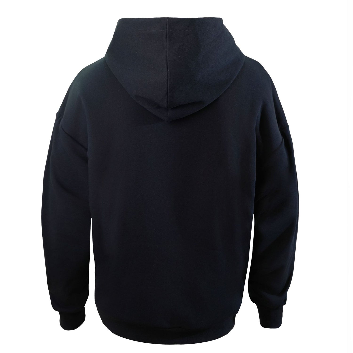 Back view of the black oversized hooded sweatshirt showing the lined hood
