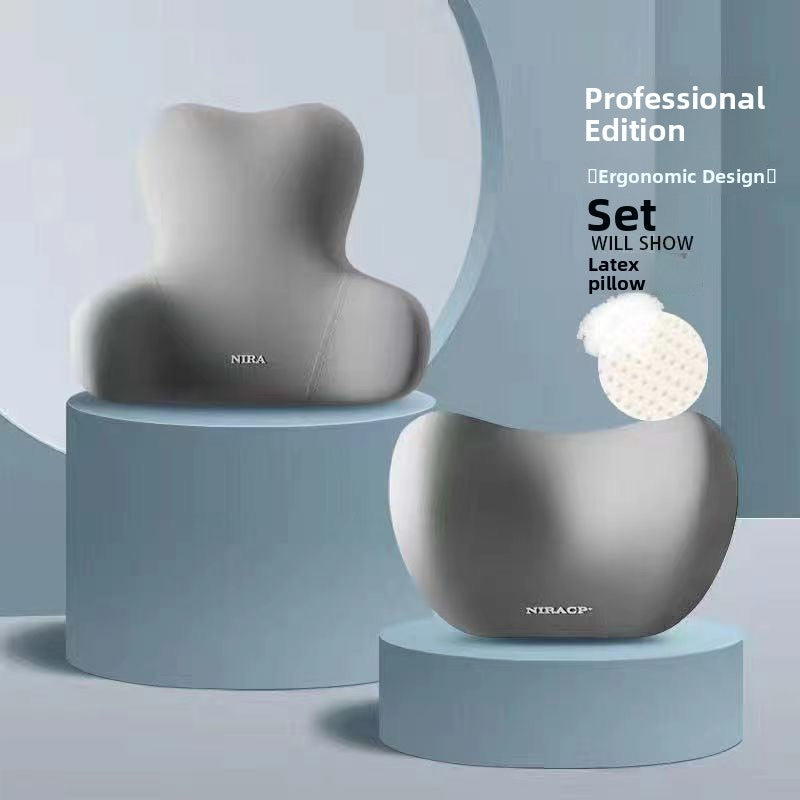 Gray memory foam lumbar cushion and neck pillow set shown as a pair