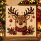 Reindeer diamond painting with a red nose and red scarf on a cream canvas, option D03