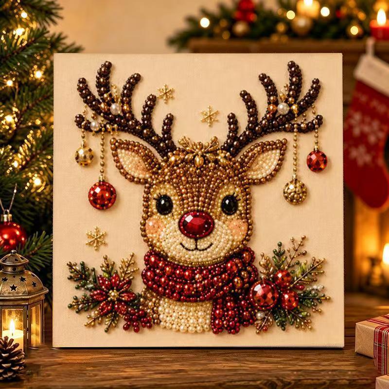 Reindeer diamond painting with a red nose and red scarf on a cream canvas, option D03