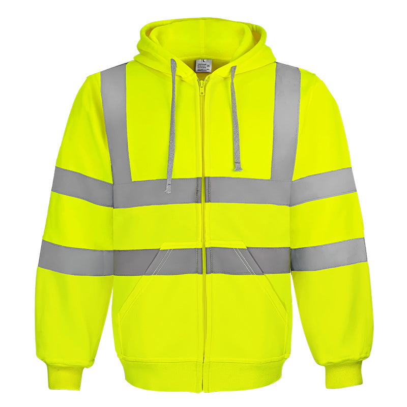 Neon yellow reflective full zip hooded sweatshirt with gray strips and drawcord hood, XL option photo