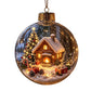 Clear Christmas ornament printed with a cosy snowy log cabin and Christmas tree scene