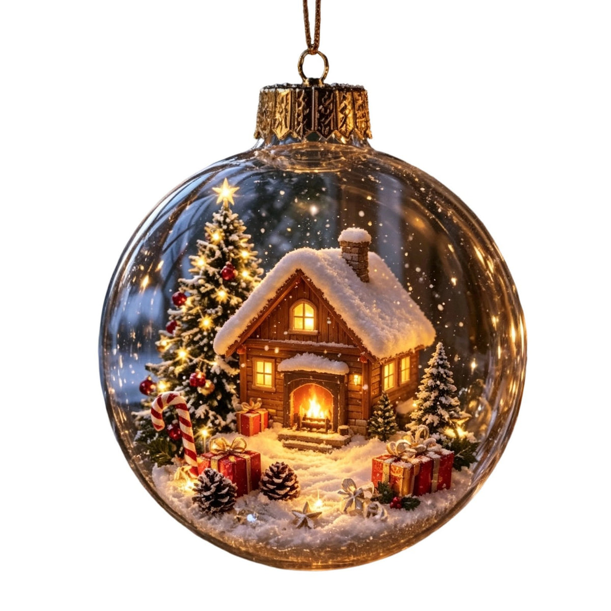 Clear Christmas ornament printed with a cosy snowy log cabin and Christmas tree scene